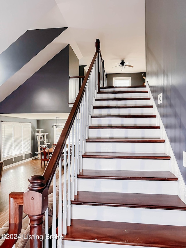 stairway with ceiling fan and hardwood / wood-style flooring