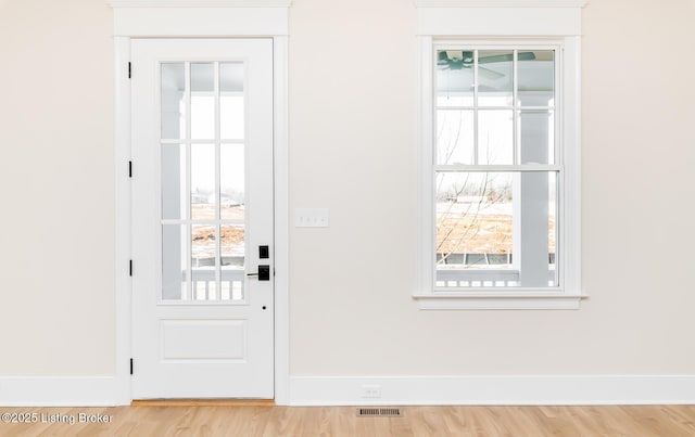 entryway with a healthy amount of sunlight and light hardwood / wood-style flooring