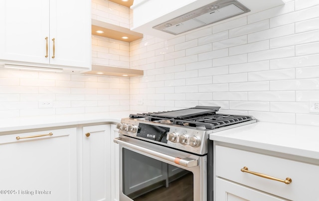 kitchen with white cabinetry, stainless steel gas range, and decorative backsplash