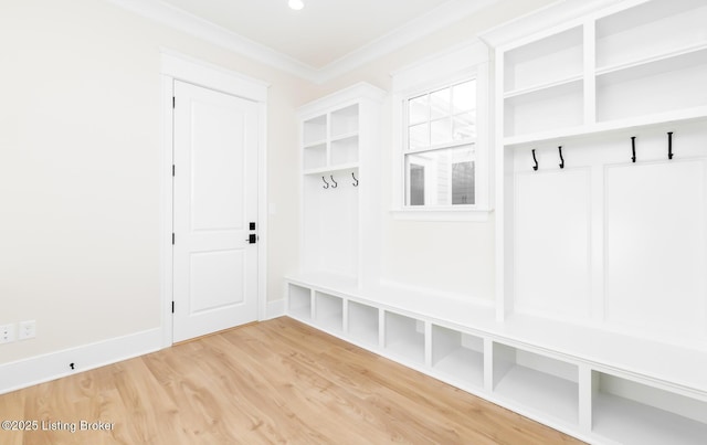 mudroom with hardwood / wood-style flooring and ornamental molding