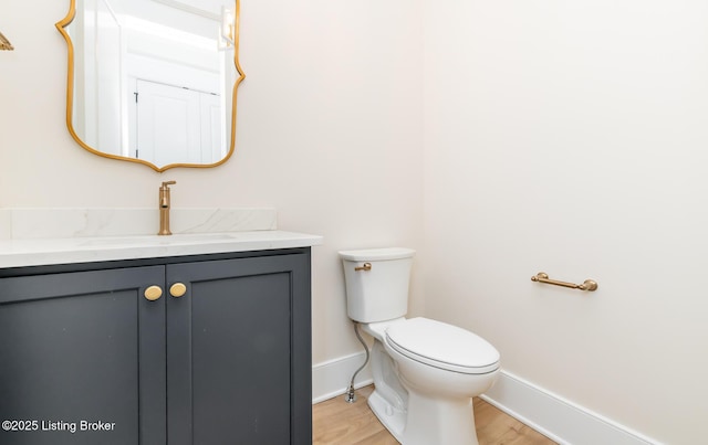 bathroom with vanity, wood-type flooring, and toilet