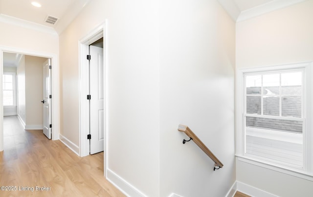 hallway with ornamental molding and light hardwood / wood-style floors