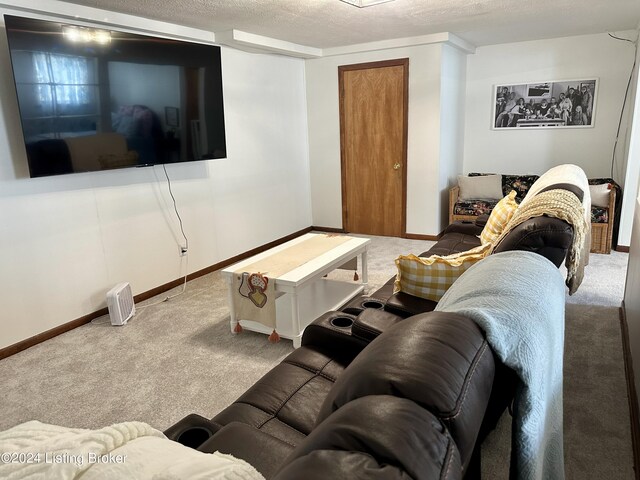 carpeted living room featuring a textured ceiling