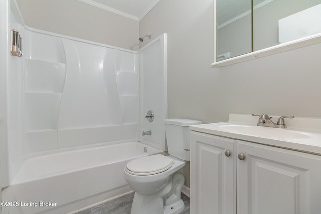 full bathroom with shower / bathing tub combination, vanity, toilet, and crown molding