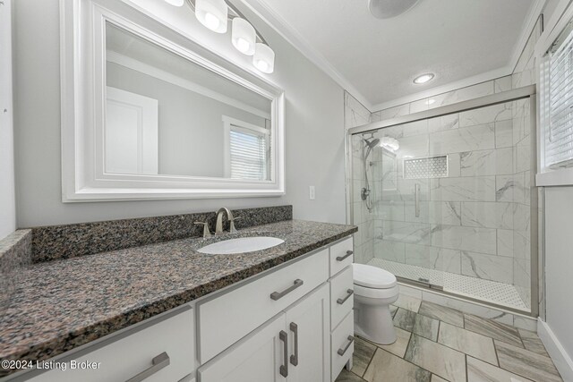 bathroom featuring ornamental molding, vanity, toilet, and plenty of natural light