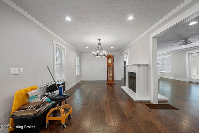 interior space with a healthy amount of sunlight, ceiling fan with notable chandelier, a textured ceiling, and dark wood-type flooring