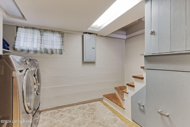 clothes washing area featuring light wood-type flooring, electric panel, and independent washer and dryer