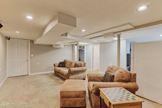 living room featuring light colored carpet