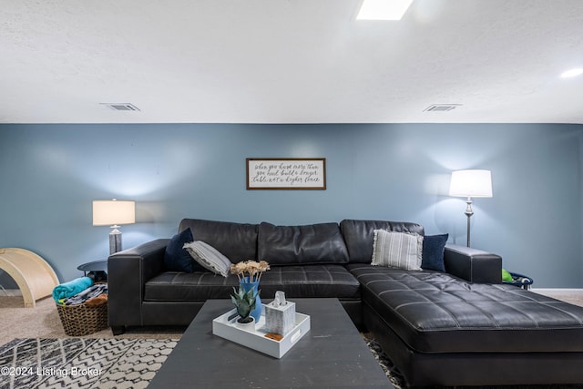 living room with a textured ceiling and carpet