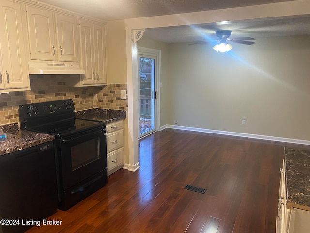 kitchen featuring black range with electric stovetop, dark wood-type flooring, white cabinets, dark stone countertops, and ceiling fan