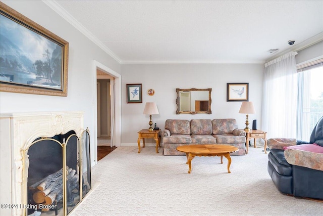 carpeted living room featuring crown molding