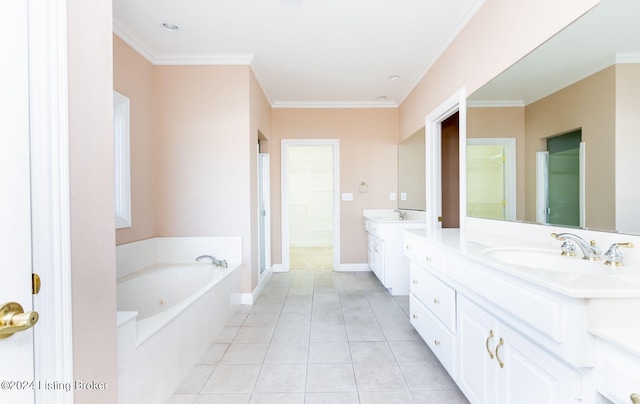 bathroom with a tub to relax in, ornamental molding, tile patterned flooring, and vanity