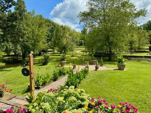 surrounding community featuring a lawn and a water view