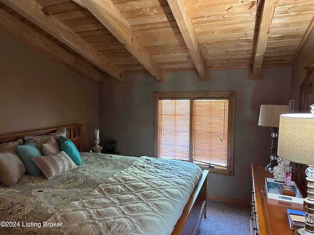 carpeted bedroom featuring lofted ceiling with beams and wooden ceiling