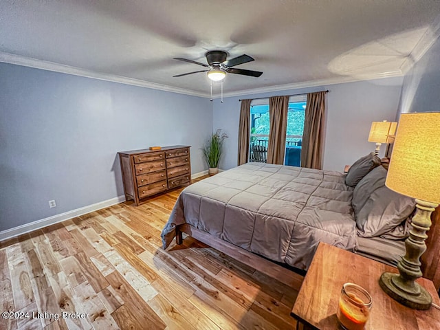 bedroom with ceiling fan, light hardwood / wood-style flooring, and ornamental molding