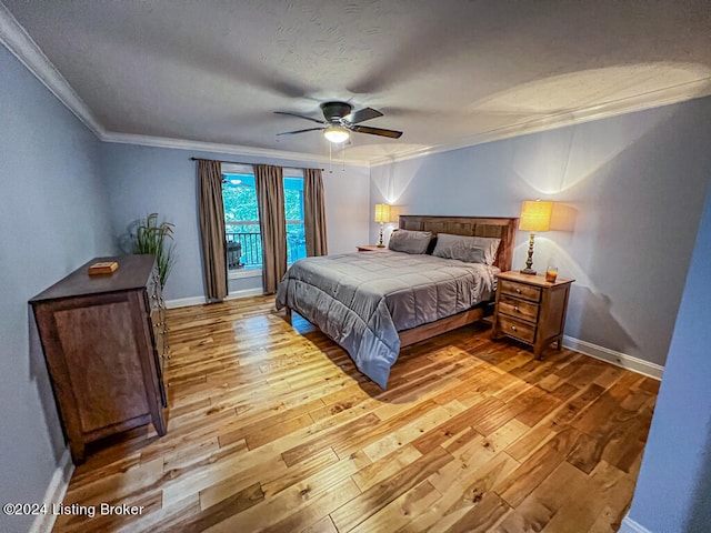 bedroom featuring crown molding, ceiling fan, and light hardwood / wood-style flooring