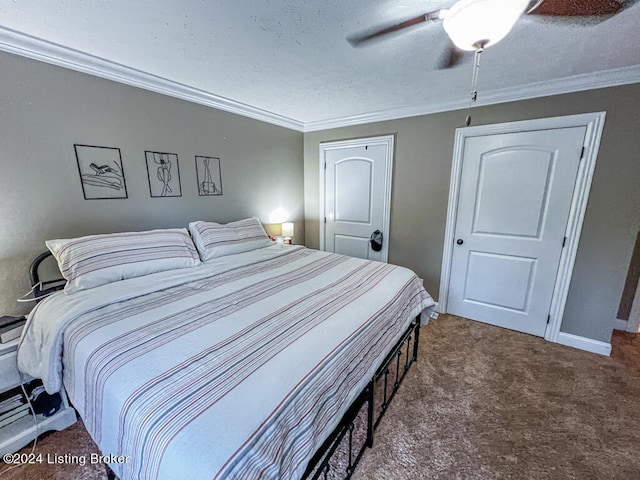 carpeted bedroom featuring ceiling fan, a textured ceiling, and crown molding