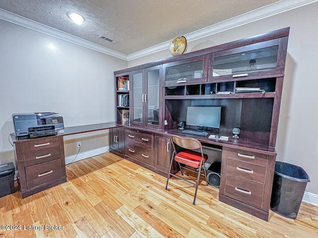 office featuring crown molding and light hardwood / wood-style floors