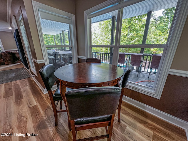 dining space with hardwood / wood-style flooring