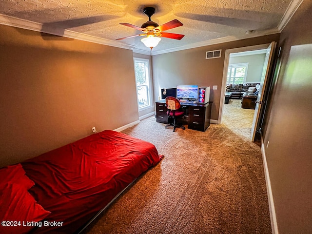 bedroom with a textured ceiling, ornamental molding, ceiling fan, and multiple windows