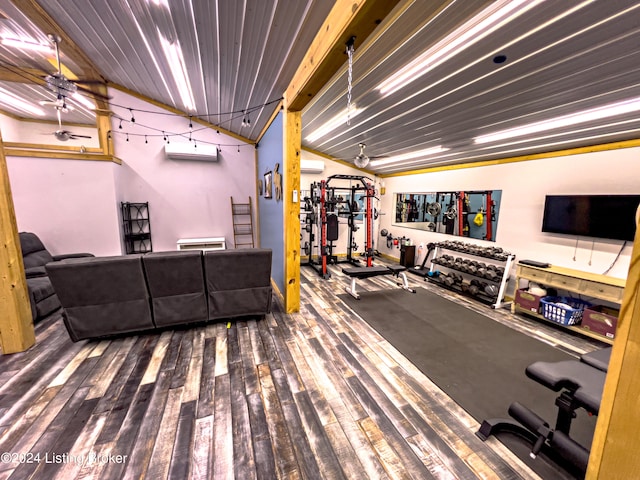 interior space featuring ceiling fan, wood ceiling, wood-type flooring, vaulted ceiling, and an AC wall unit