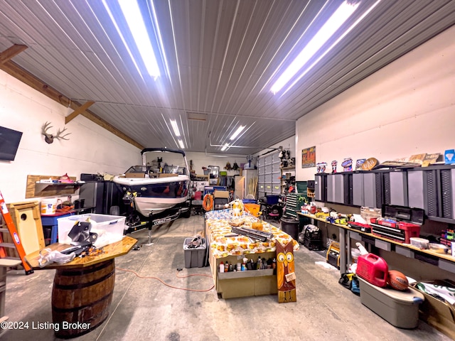 garage with a workshop area