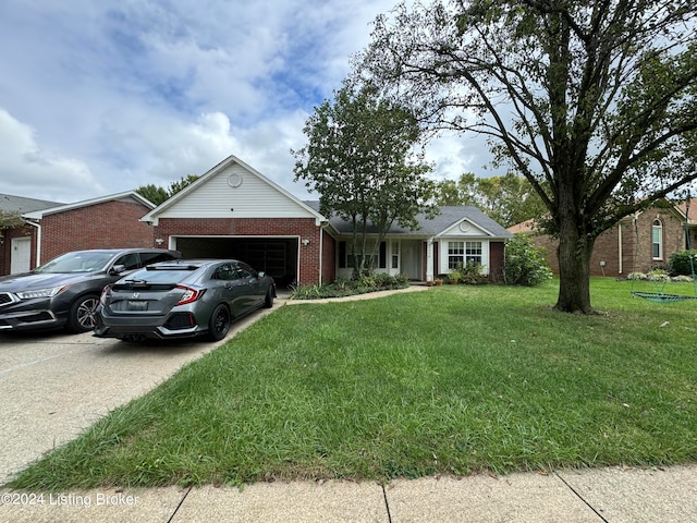 ranch-style home with a front lawn and a garage