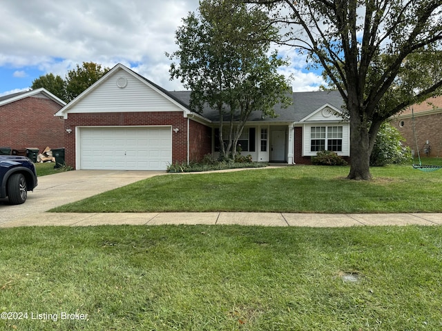 ranch-style house with a garage and a front lawn