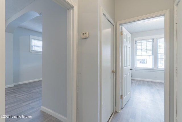 hallway with hardwood / wood-style flooring