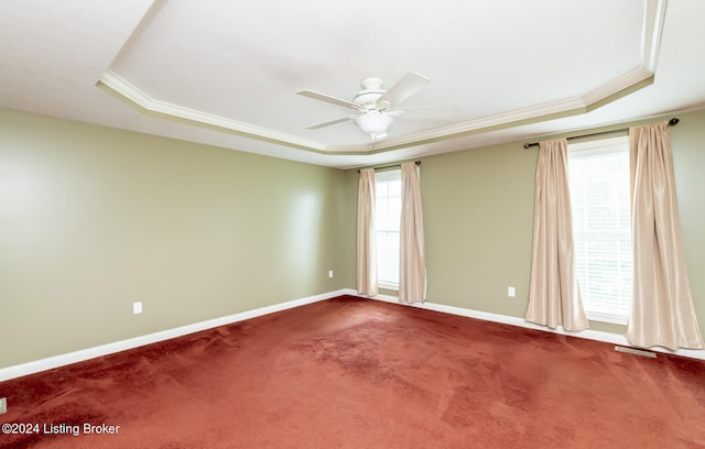 spare room featuring carpet flooring, ceiling fan, a raised ceiling, and ornamental molding