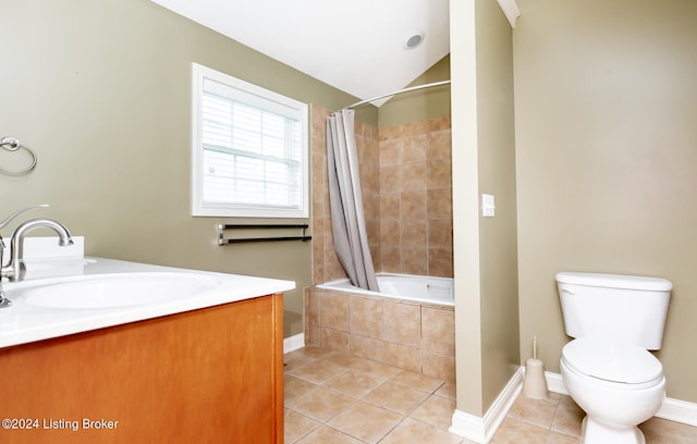 full bathroom with vanity, tile patterned flooring, shower / bathtub combination with curtain, and toilet