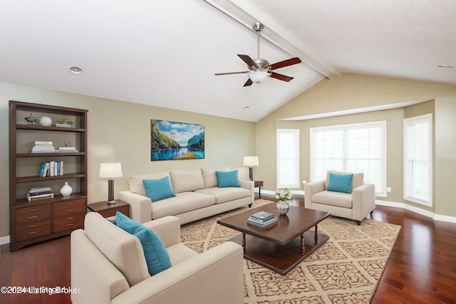 living room with vaulted ceiling with beams, ceiling fan, and dark hardwood / wood-style floors