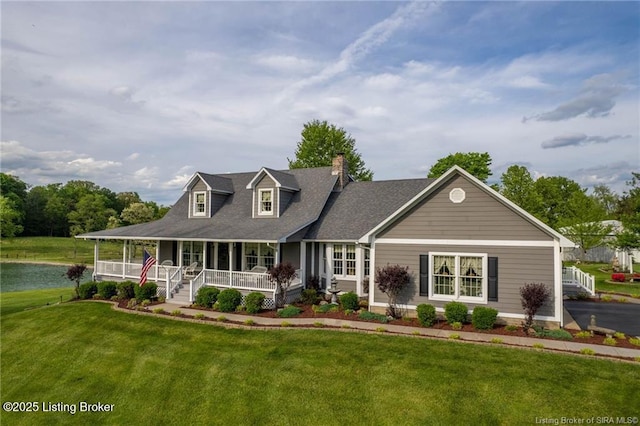 264 Cedarwood Rd, Bedford, KY 40006 - view of front of house featuring a water view, a chimney, a front lawn, and covered porch