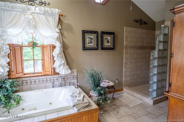 264 Cedarwood Rd, Bedford, KY 40006 - bathroom featuring a whirlpool tub, walk in shower, and lofted ceiling