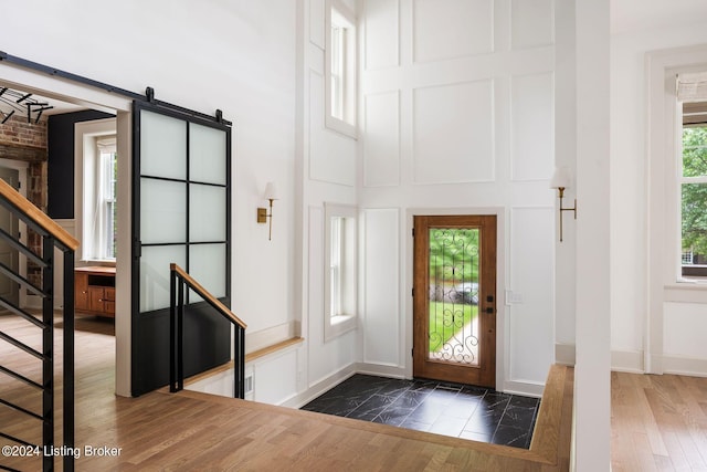 entryway featuring a healthy amount of sunlight, dark wood-type flooring, and a barn door