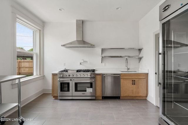 kitchen featuring wall chimney exhaust hood, sink, and stainless steel appliances