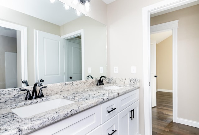 bathroom with wood-type flooring and vanity