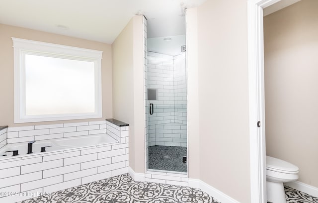 bathroom with tile patterned flooring, separate shower and tub, and toilet