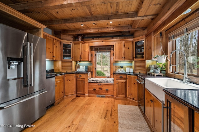 kitchen with light wood-type flooring, wood ceiling, stainless steel appliances, sink, and beam ceiling