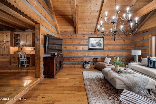 living room with light wood-type flooring, an inviting chandelier, and wood ceiling