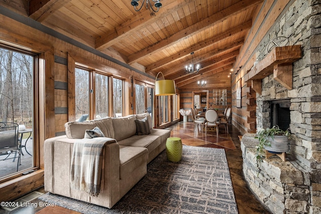 living room with wood ceiling, wooden walls, lofted ceiling with beams, and a notable chandelier