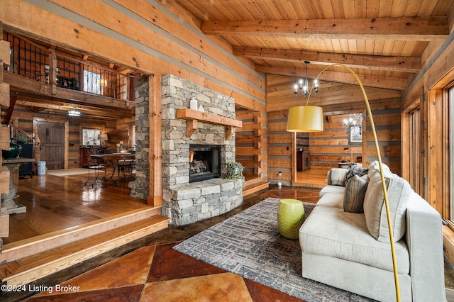 living room featuring beamed ceiling, hardwood / wood-style flooring, wood ceiling, and wooden walls