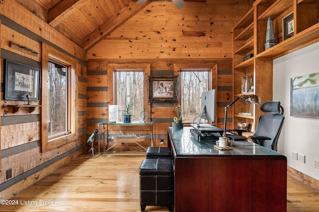 office space featuring vaulted ceiling with beams, wood walls, wood ceiling, and light hardwood / wood-style flooring