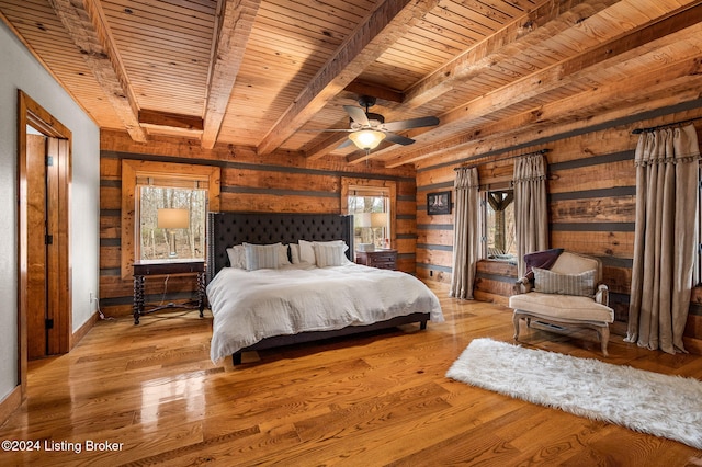 bedroom with beamed ceiling, ceiling fan, light hardwood / wood-style floors, and wooden ceiling