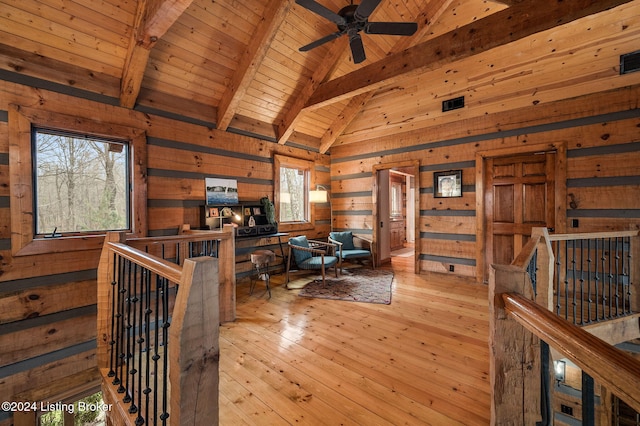 home office featuring wooden ceiling, light hardwood / wood-style flooring, lofted ceiling with beams, and wood walls