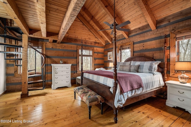 unfurnished bedroom with lofted ceiling with beams, light hardwood / wood-style flooring, wooden ceiling, and wood walls