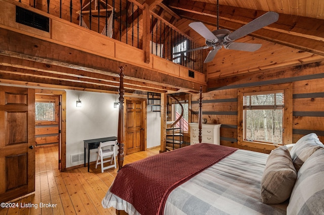 bedroom featuring wooden ceiling, beamed ceiling, high vaulted ceiling, light hardwood / wood-style floors, and wooden walls