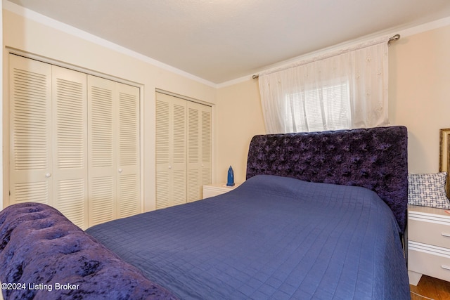 bedroom with two closets and crown molding