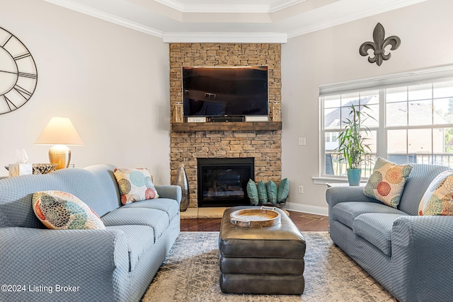 living room featuring hardwood / wood-style flooring, ornamental molding, and a large fireplace