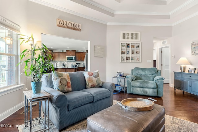 living room featuring crown molding, dark hardwood / wood-style flooring, and a healthy amount of sunlight